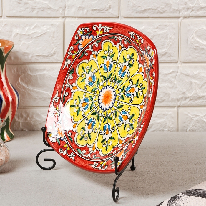 Тарелка Риштанская Керамика Тарелка Риштанская Керамика "Узоры", красная, 20 см, квадратная