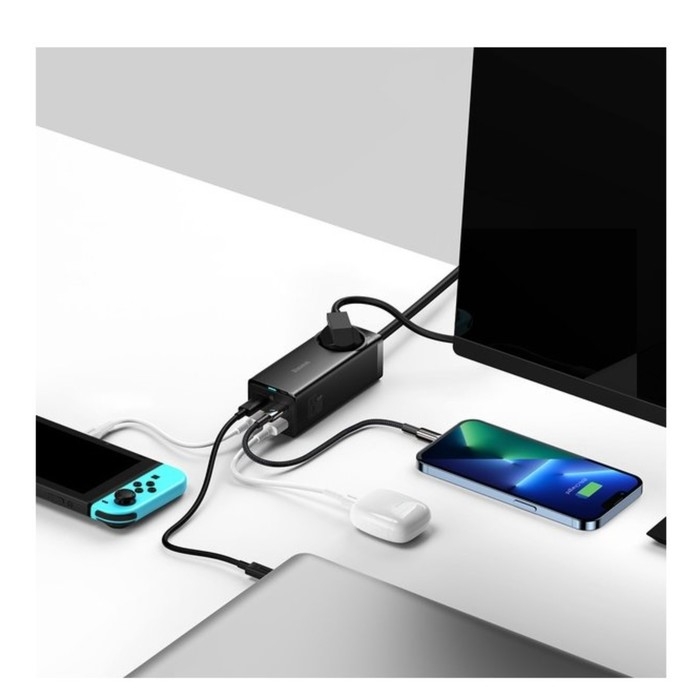 Зарядная станция Baseus PowerCombo, GAC+2U+2C 65W + Type-C-Type-C, PD, 65W, 1 м, чёрная Зарядная станция Baseus PowerCombo, GAC+2U+2C 65W + Type-C-Type-C, PD, 65W, 1 м, чёрная