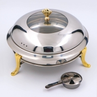 Мармит из нержавеющей стали круглый на подставке для подогрева, 26×22 см, стеклянная крышка Мармит из нержавеющей стали круглый на подставке для подогрева, 26×22 см, стеклянная крышка