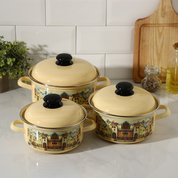 Набор эмалированных кастрюль «Старый город», 3 предмета: 1,5 л, 2 л, 3 л, индукция Набор эмалированных кастрюль «Старый город», 3 предмета: 1,5 л, 2 л, 3 л, индукция