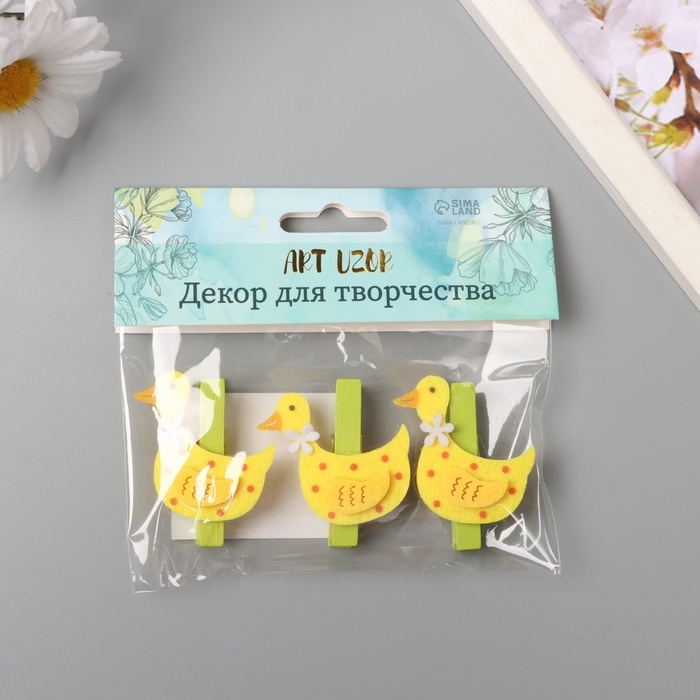 Декор для творчества дерево, фетр Декор для творчества дерево, фетр "Прищепка. Уточка с цветочком" набор 3 шт 1,8х4х4,9 см
