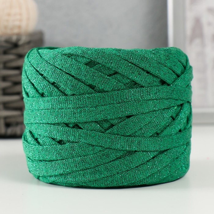 Трикотажная пряжа "Риббон" с люрексом 85м/170&plusmn;5 гр (Нефрит, люрекс: Зеленый)