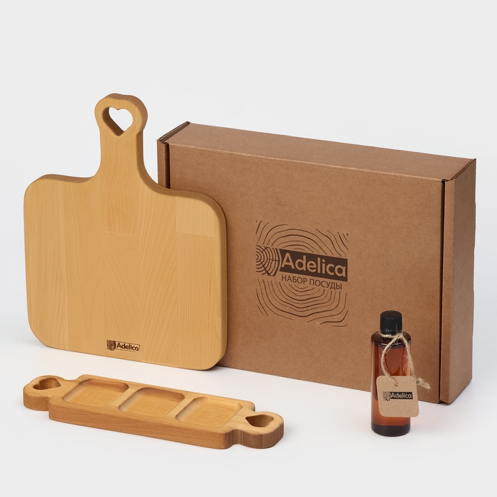 Подарочный набор деревянной посуды Adelica, доска разделочная, менажница 3 секции, масло в подарок 100 мл, берёза Подарочный набор деревянной посуды Adelica, доска разделочная, менажница 3 секции, масло в подарок 100 мл, берёза