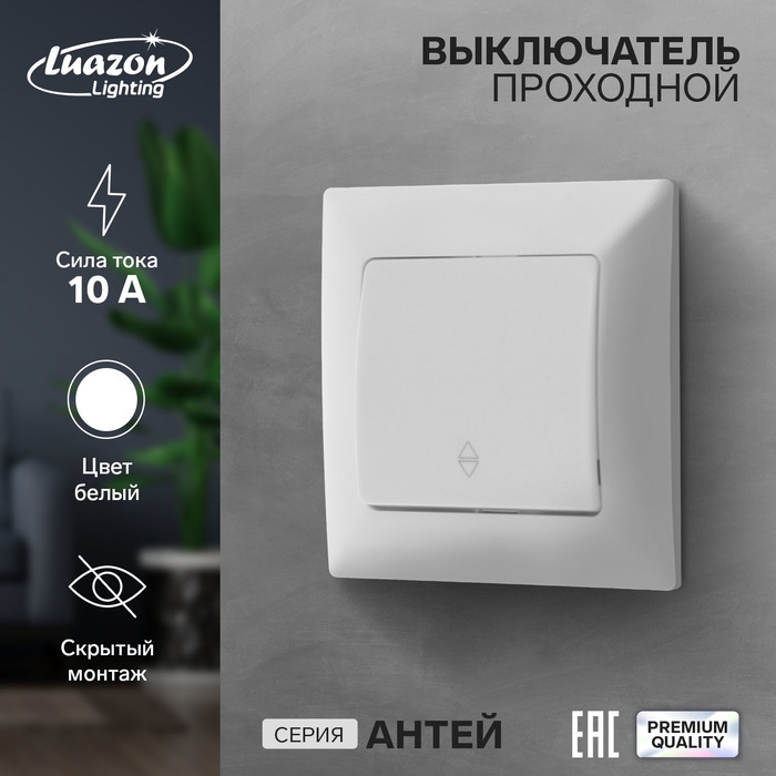 Выключатель проходной Luazon Lighting Выключатель проходной Luazon Lighting "Антей", 10 А, 1 клавиша, скрытый, белый