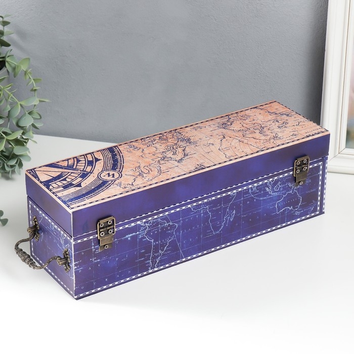 Шкатулка дерево под бутылку "Карта мира" кожзам, синяя 35х11х11 см