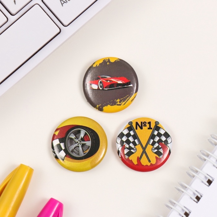 Значки закатные набор 3 шт d=25 мм "Гонки" 7х7 см