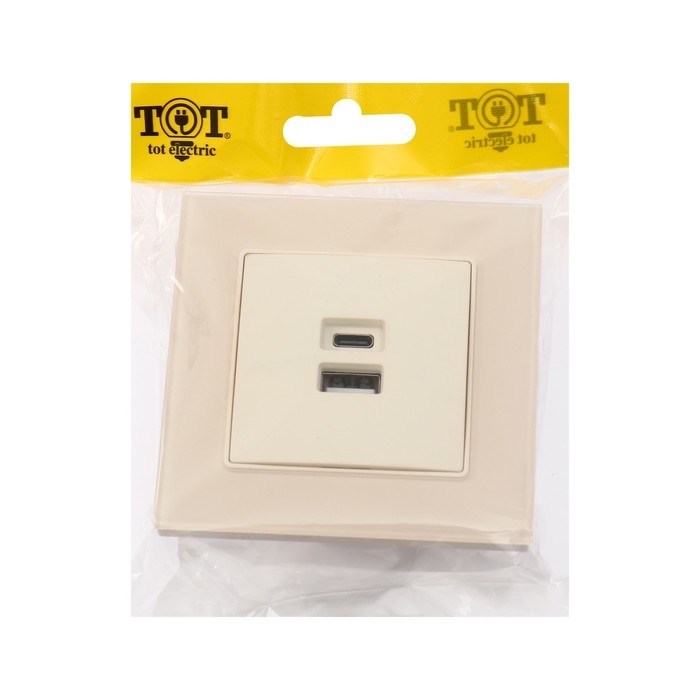 Розетка с USB-A + USB-C разъёмами, 2.1 A, 5В, TOT Matte Glass, скрытая, стекло, бежевая Розетка с USB-A + USB-C разъёмами, 2.1 A, 5В, TOT Matte Glass, скрытая, стекло, бежевая