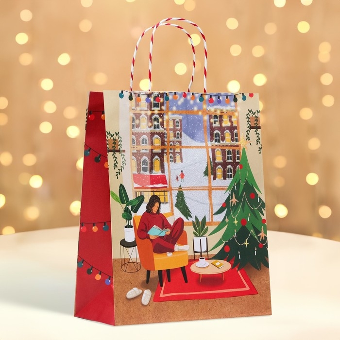 Новый год. Пакет бумажный подарочный новогодний крафт "Новогодний уют" 26 х 32 х 12 см.