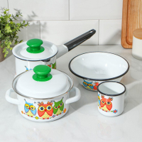 Набор посуды &laquo;Совушки&raquo;, 4 предмета: кружка 250 мл, миска 800 мл, ковш 1 л, кастрюля 1 л, индукция