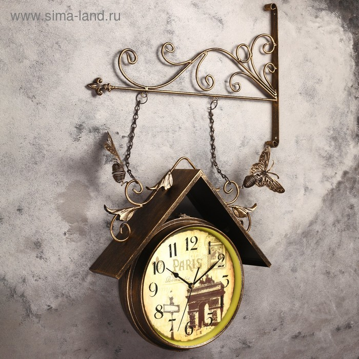 Часы настенные двусторонние, на подвесе Часы настенные двусторонние, на подвесе "Скворечник", бесшумные, 42 х 77 см