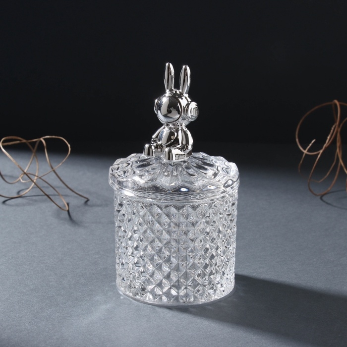 Шкатулка стекло "Заяц в наушниках. Ромбы" серебро 6х6х12 см