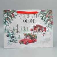 Пакет подарочный новогодний крафтовый горизонтальный &laquo;Новогодняя история&raquo;, L 40 х 31 х 11.5 см, Новый год