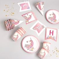 Набор бумажной посуды одноразовый Единорог с цветами», 6 тарелок, 1 гирлянда, 6 стаканов, 6 колпаков Набор бумажной посуды одноразовый Единорог с цветами», 6 тарелок, 1 гирлянда, 6 стаканов, 6 колпаков