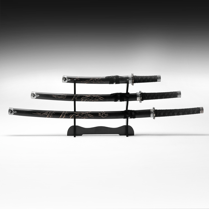 Сув. изделие катаны 3в1 на подставке, ножны дерево, дракон черные 52/78/98см