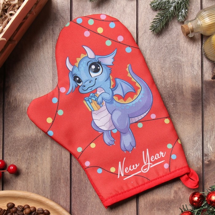 Новый год.Варежка-прихватка Доляна "Дракон с подарком" 20х28 см, 35% хл, 65% пэ, ватин 250 г/м2