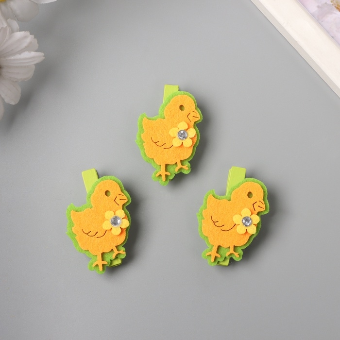 Декор для творчества дерево, фетр Декор для творчества дерево, фетр "Прищепка. Цыплёнок с цветочком" набор 3 шт 1,8х3х5,1 см 1047339