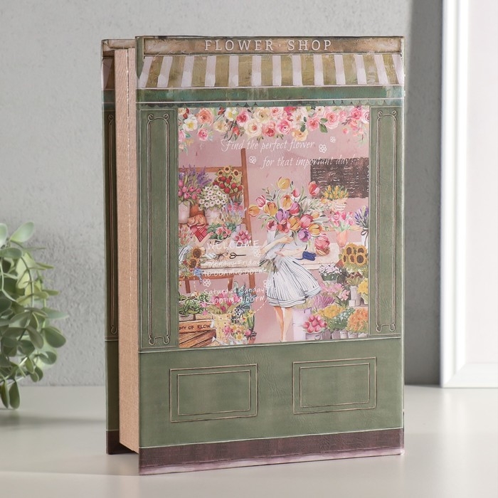 Шкатулка-книга дерево, кожзам, свет "Цветочный магазин" 28х19х7,6 см