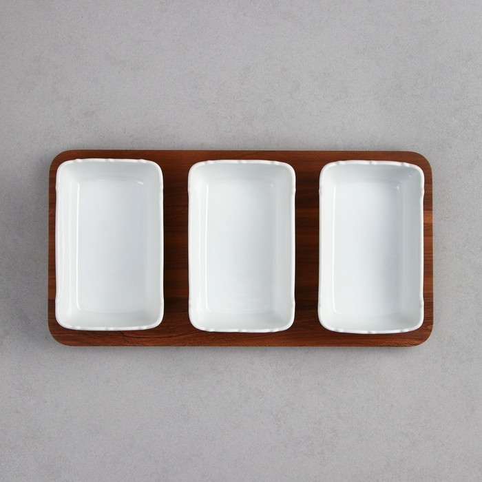 Менажница «Волна», 3 шт:400 мл, деревянное основание, фарфор, Иран Менажница «Волна», 3 шт:400 мл, деревянное основание, фарфор, Иран