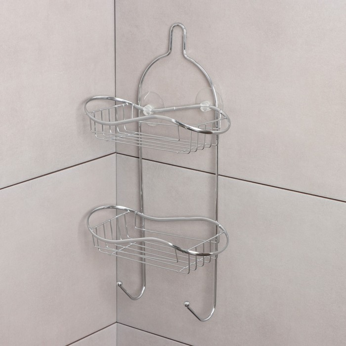 Полка 2-х ярусная на присоске Доляна «Волна», 25×11×45 см, 2 крючка, цвет хромированный Полка 2-х ярусная на присоске Доляна «Волна», 25×11×45 см, 2 крючка, цвет хромированный