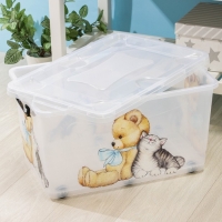 Контейнер для хранения на колёсиках «Мишка и котёнок», 50 л, 60×38×31 см, прозрачный Контейнер для хранения на колёсиках «Мишка и котёнок», 50 л, 60×38×31 см, прозрачный