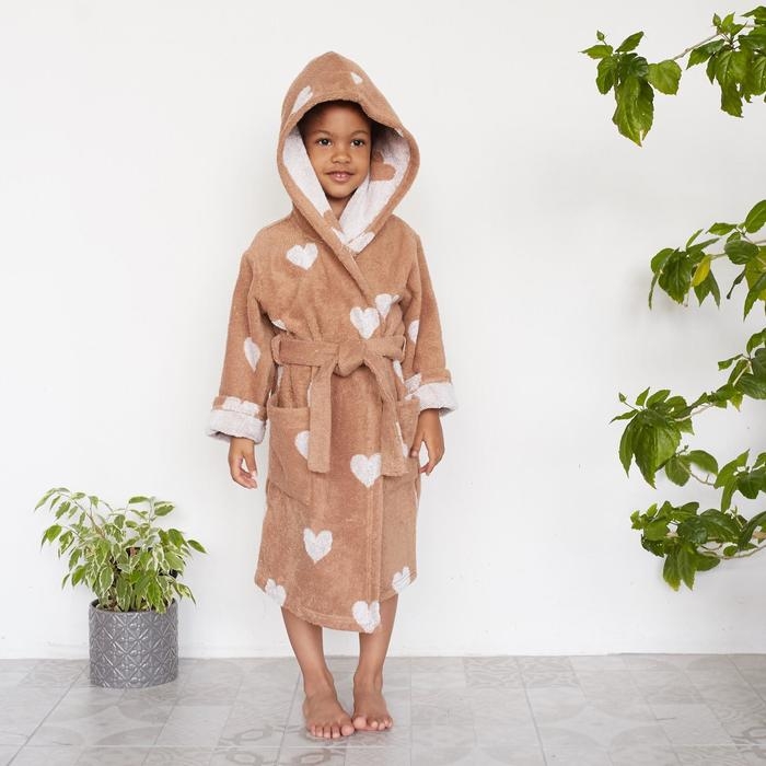 Халат махровый детский Крошка Я &laquo;Сердечки&raquo; размер 30, цвет мокко, 100% хлопок 360 г/м2