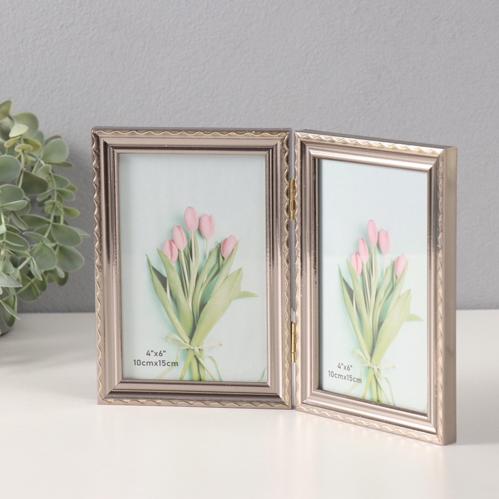 Фоторамка пластик на 2 фото 10х15 см "Волнистая линия на серебре"