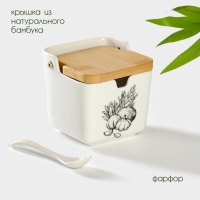 Банка для хранения сыпучих продуктов с ложкой «Эстет. Овощи», 250 мл, с бамбуковой крышкой, фарфоровая, цвет белый Банка для хранения сыпучих продуктов с ложкой «Эстет. Овощи», 250 мл, с бамбуковой крышкой, фарфоровая, цвет белый