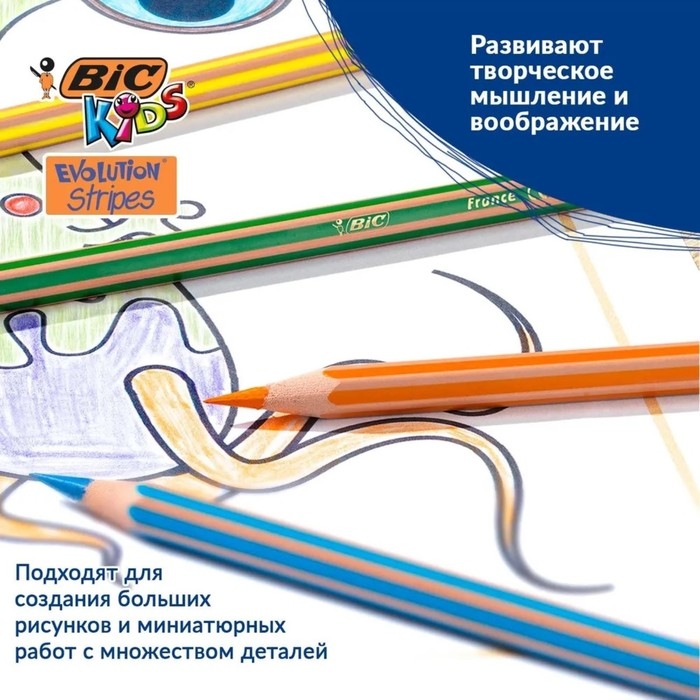 Карандаши цветные 12 цветов , BIC Карандаши цветные 12 цветов , BIC "Kids Evolution Stripes", пластиковые, детские
