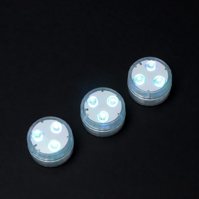 Светильник водонепроницаемый мини, 3 x 1.9 см, 3 шт, от CR2032 (в компл.), пульт, RGB, IP68 Светильник водонепроницаемый мини, 3 x 1.9 см, 3 шт, от CR2032 (в компл.), пульт, RGB, IP68