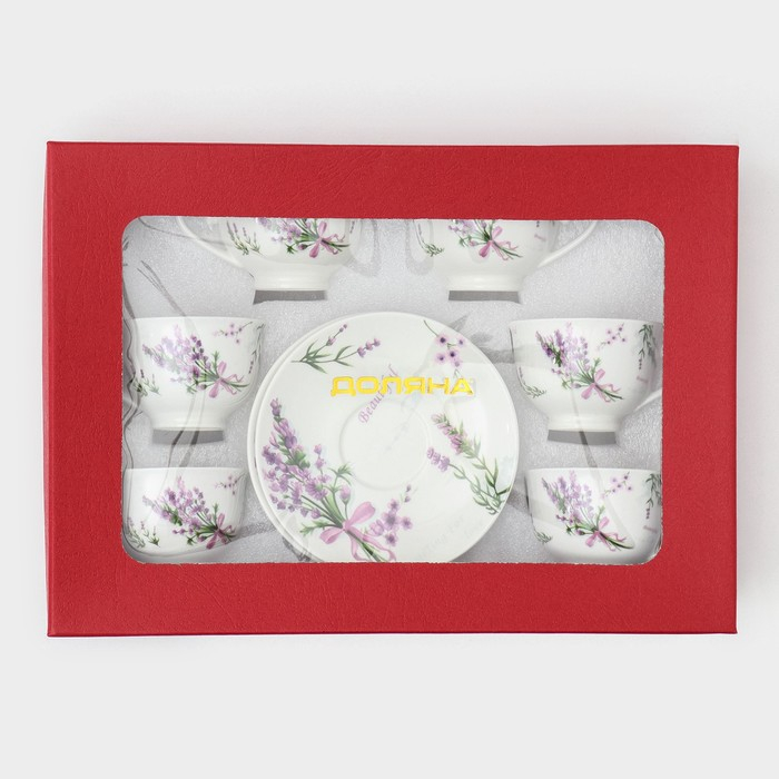 Сервиз фарфоровый кофейный Доляна &laquo;Лаванда&raquo;, 12 предметов: 6 чашек 80 мл, 6 блюдец d=11,5 см, цвет белый