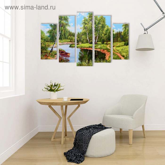 Модульная картина "Берёзы у реки" (2-23х52; 2-24х70; 1-24х80) 120х80см