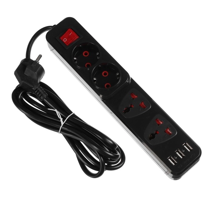 Удлинитель Luazon Lighting, 2 евро+2 унив.роз., 3 м,2200Вт, 2х0.75 мм2, 3хUSB, с выключателем, чёрный Удлинитель Luazon Lighting, 2 евро+2 унив.роз., 3 м,2200Вт, 2х0.75 мм2, 3хUSB, с выключателем, чёрный