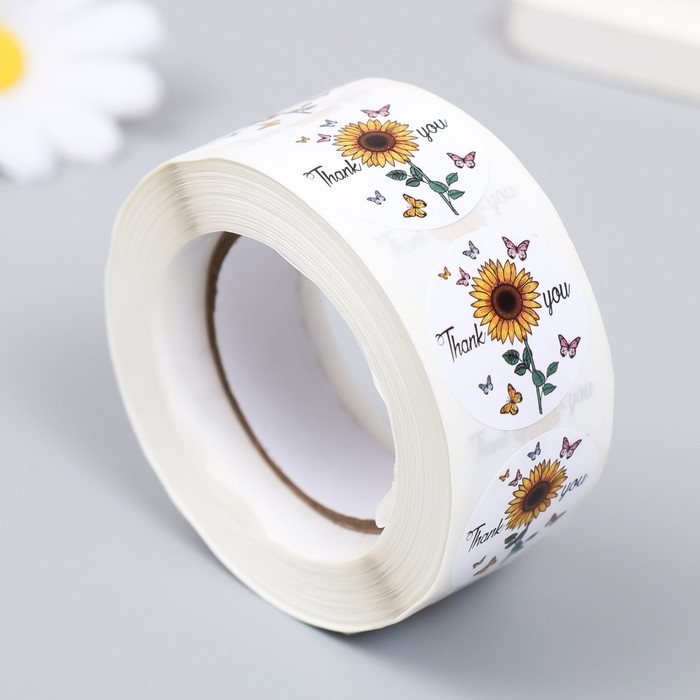 Наклейка бумага Наклейка бумага "Подсолнух. Благодарность" d=2,5 см 500 шт в рулоне 3х6,5х6,5 см