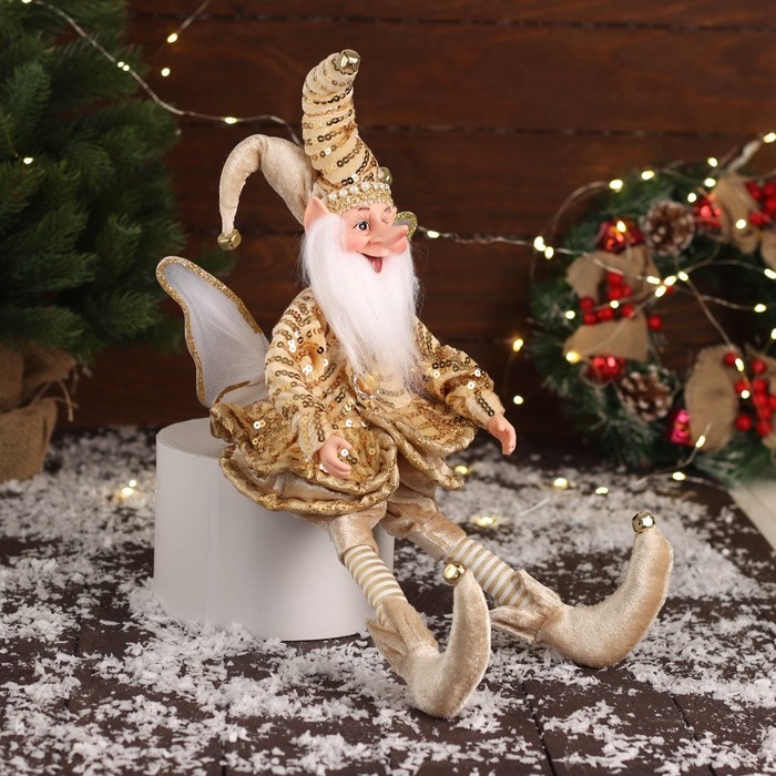 Новогодний шут "С крылышками" сидит, двигается, 39х14 см, золото