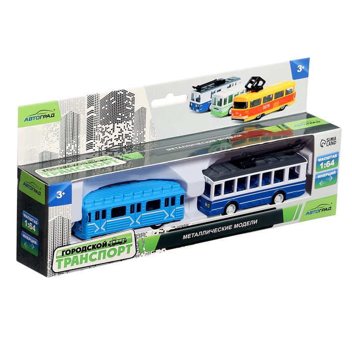Набор металлический &laquo;Городской транспорт&raquo;, троллейбус + электричка, инерционный, масштаб 1:64