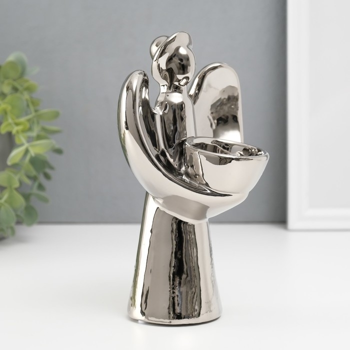 Подсвечник керамика на 1 свечу "Ангел с нимбом" d=4 см серебро 11,5х10х18,5 см