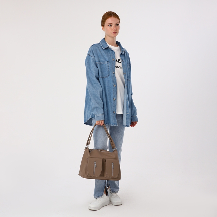 Сумка-тоут на молнии, 3 наружных кармана, цвет бежевый Сумка-тоут на молнии, 3 наружных кармана, цвет бежевый