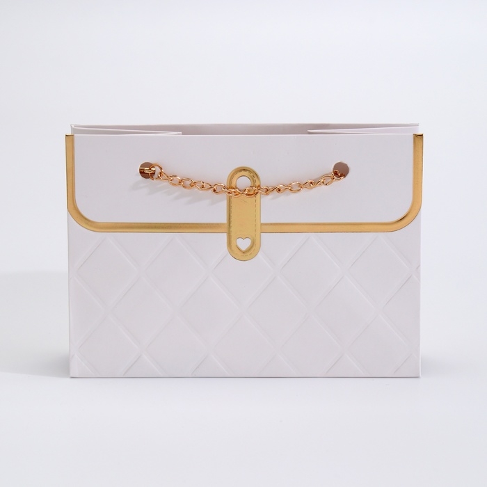Пакет для цветов, ручка цепь, "Белый", с золотым тиснением, 15 х 10,5 х 10 см