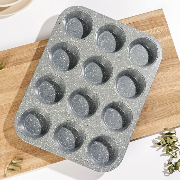 Форма для выпечки &laquo;Элин Мрамор. Кекс&raquo;, 35&times;26,5&times;3 см, 12 ячеек, антипригарное покрытие, цвет серый