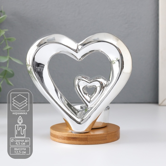 Подсвечник керамика на 1 свечу Подсвечник керамика на 1 свечу "Два сердца" серебро 11х8х12,5 см