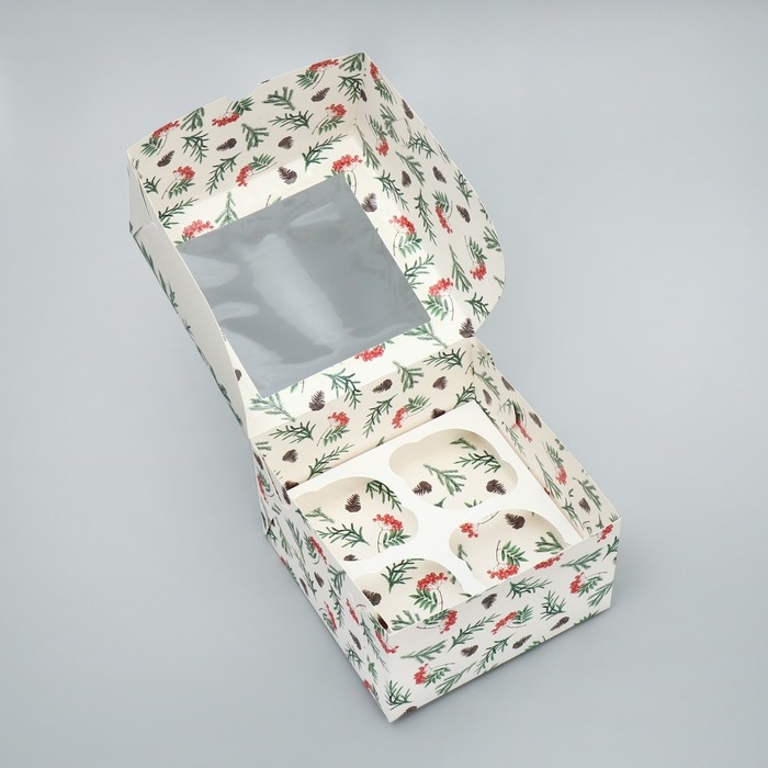 Коробка для капкейков складная с двусторонним нанесением &laquo;Снегири&raquo;, 16 х 16 х 10 см, Новый год