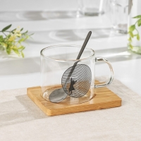 Кружка стеклянная с ложкой на деревянной подставке «Котик», 300 мл, рисунок МИКС Кружка стеклянная с ложкой на деревянной подставке «Котик», 300 мл, рисунок МИКС