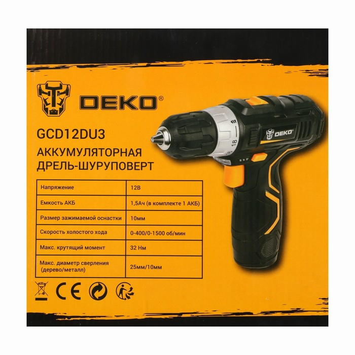 Дрель аккумуляторная Deko GCD12DU3 063-4096, 12 В, 32 Нм, АКБ, d 10 мм, 2 скорости
