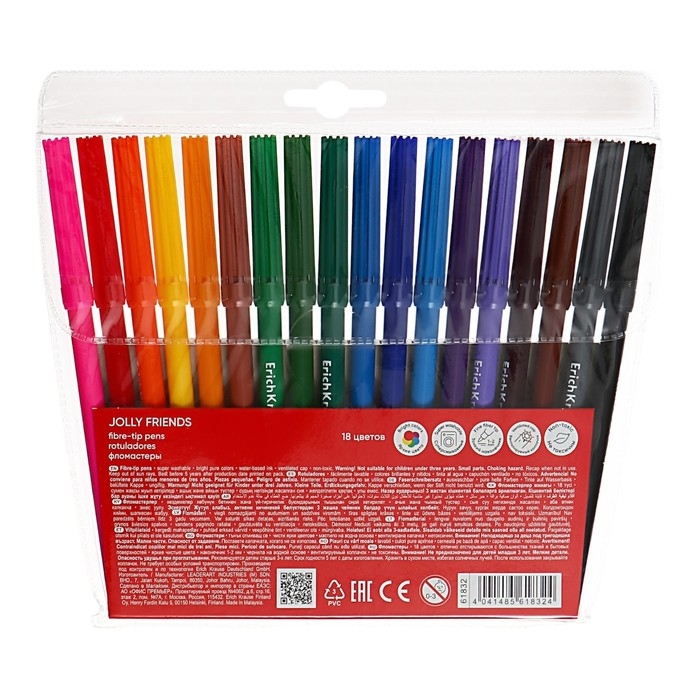 Фломастеры 18 цветов, ErichKrause, Jolly Friends Super Washable, вентелируемый колпачок, МИКС
