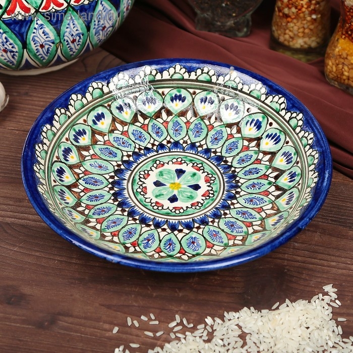 Тарелка Риштанская Керамика "Узоры", синяя, глубокая, микс,  20 см