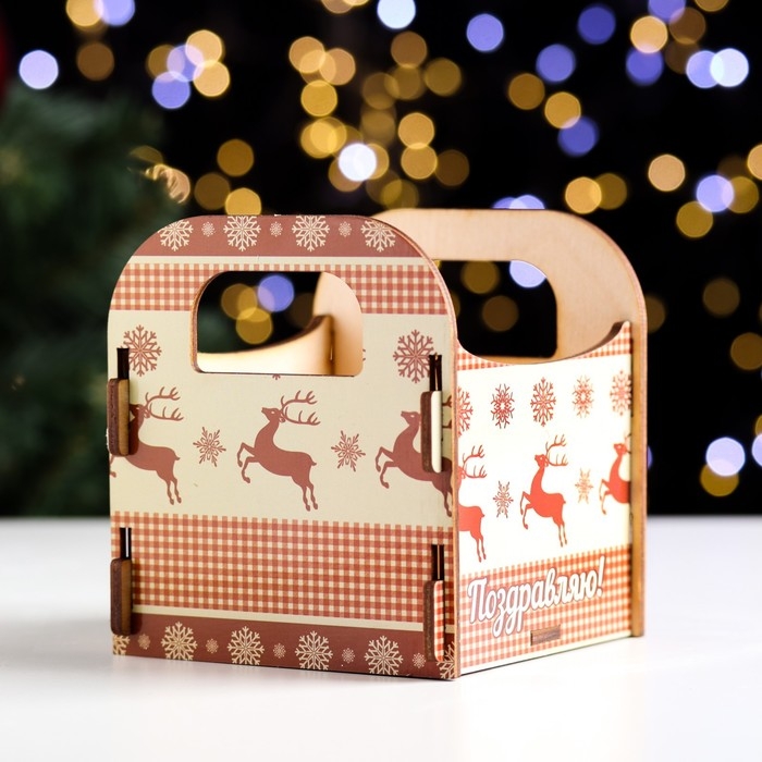 Кашпо деревянное "Олени новогодние, Поздравляю!", 10&times;10.5&times;11 см