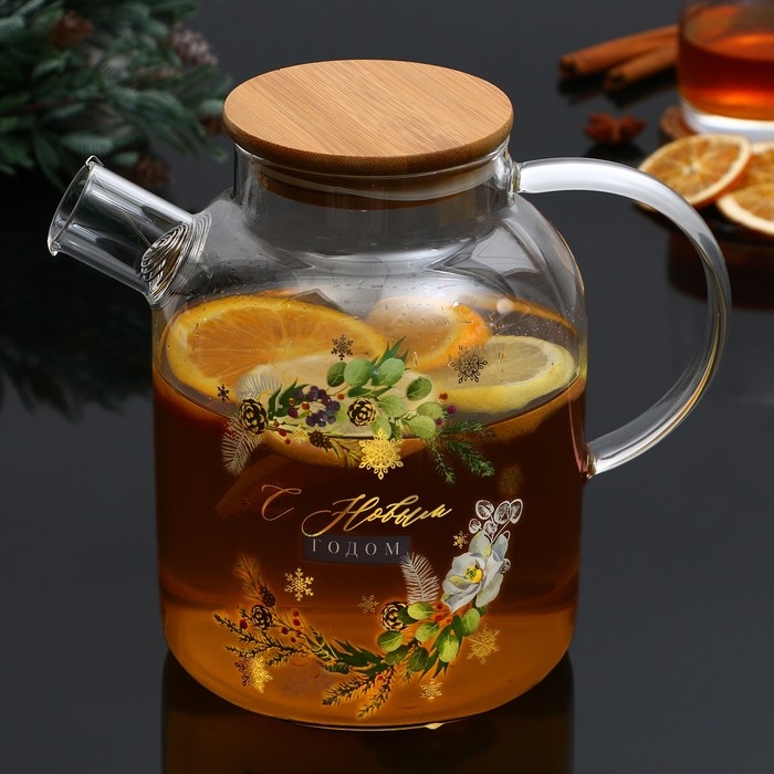 Чайник заварочный стеклянный с бамбуковой крышкой Дорого внимание «С Новым годом. Зимние истории», 1700 мл Чайник заварочный стеклянный с бамбуковой крышкой Дорого внимание «С Новым годом. Зимние истории», 1700 мл