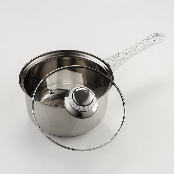 Набор посуды из нержавеющей стали Доляна &laquo;Мрамор&raquo;, 8 предметов: ковш 1,5 л, 2 кастрюли 2/3 л, сковорода d=24 см, крышки, стенки 0,3 мм, дно 5 мм