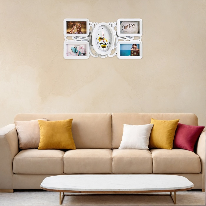 Часы настенные интерьерные, фоторамка - коллаж Часы настенные интерьерные, фоторамка - коллаж "Цветок", бесшумные, 52 х 26 см, d-11 х 17 см