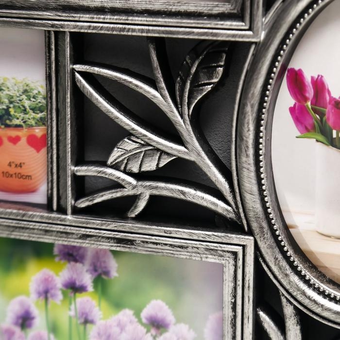 Фоторамка пластик на 7 фото 10х10, 10х15 см Фоторамка пластик на 7 фото 10х10, 10х15 см "Птица и шиповник" серебро 33,5х52 см
